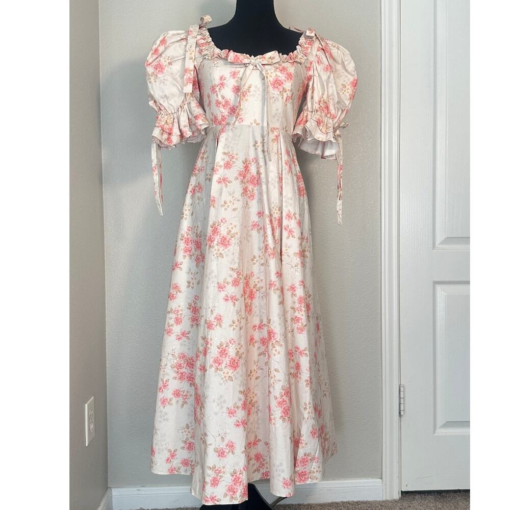 Fanciful Doll Pink Floral Parlour Games Cotton Dress, Cottagecore Coquette, 4